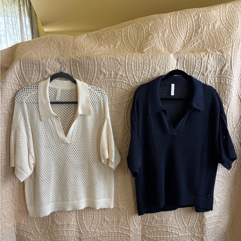 Set of 2- STYLUS White and Blue V-Neck Knit Top
